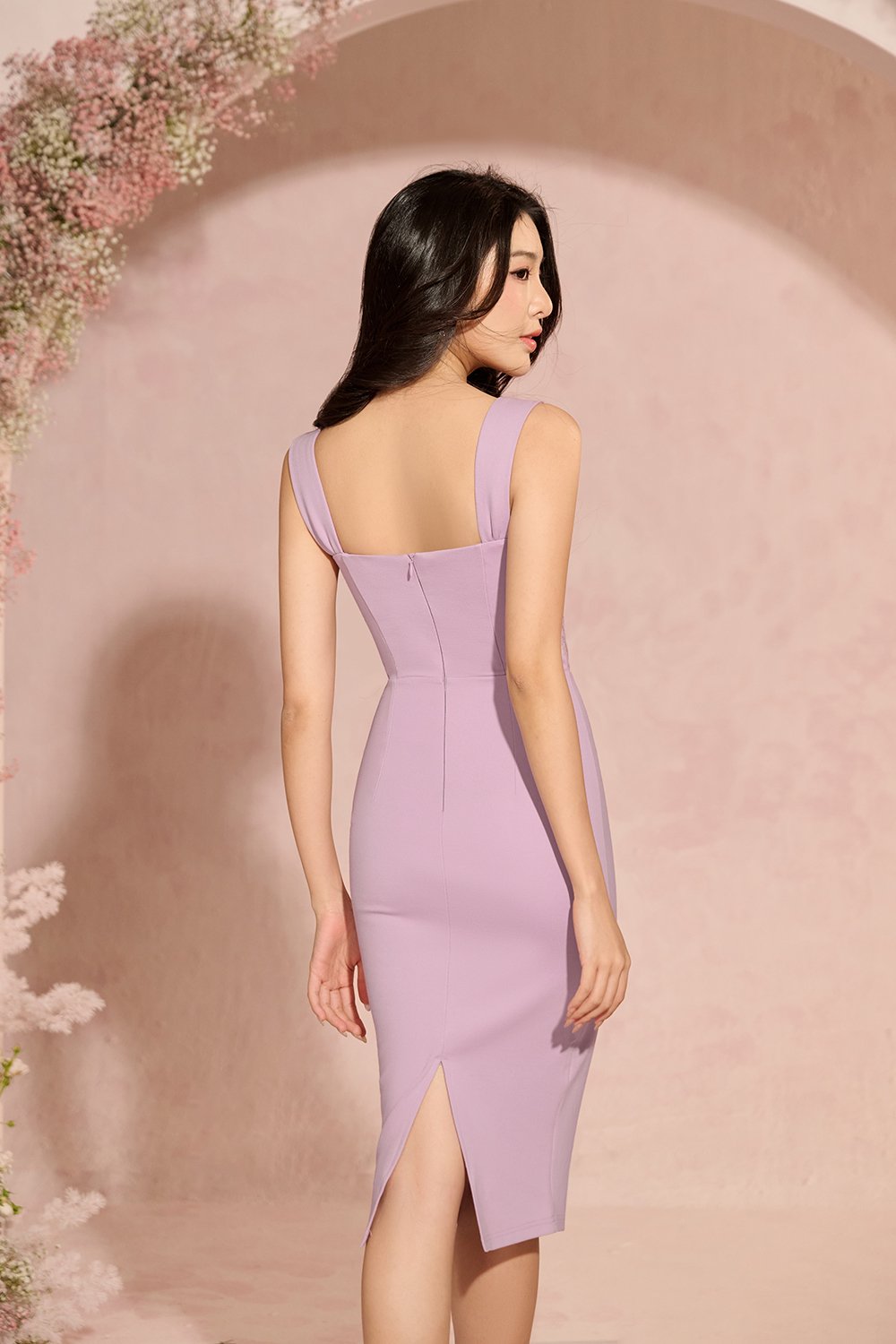 Elysia Lace Detailed Ponte Dress in Dusty Lilac