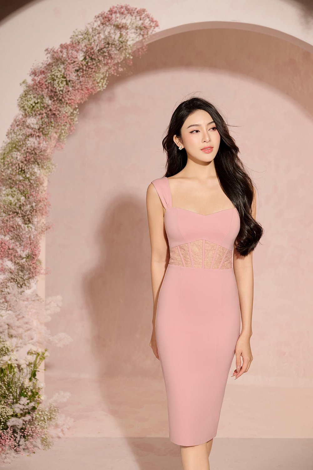 Elysia Lace Detailed Ponte Dress in Rose Pink