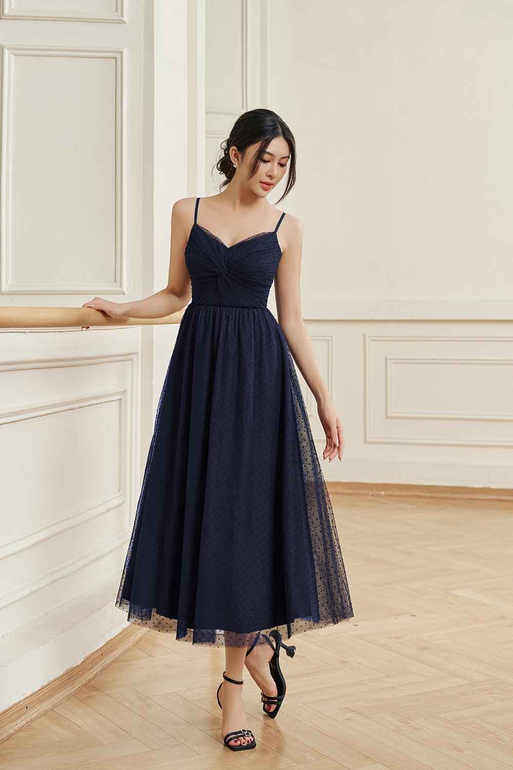 Enchant&eacute; Padded Twist Tulle Midi Dress in Starlit Navy