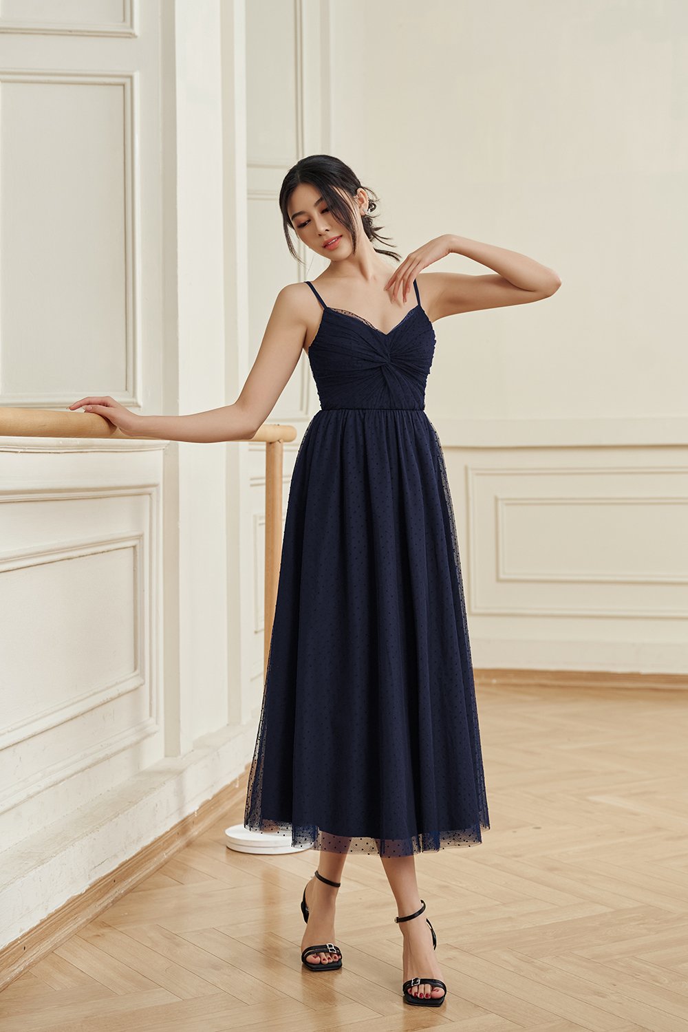Enchant&eacute; Padded Twist Tulle Midi Dress in Starlit Navy