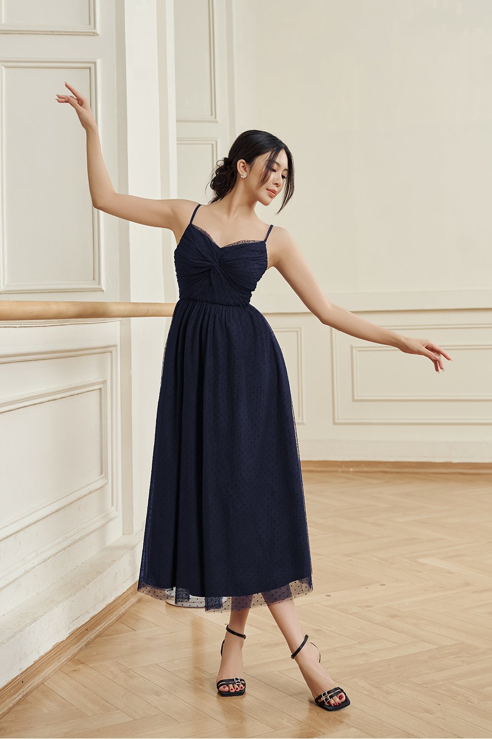 Enchant&eacute; Padded Twist Tulle Midi Dress in Starlit Navy