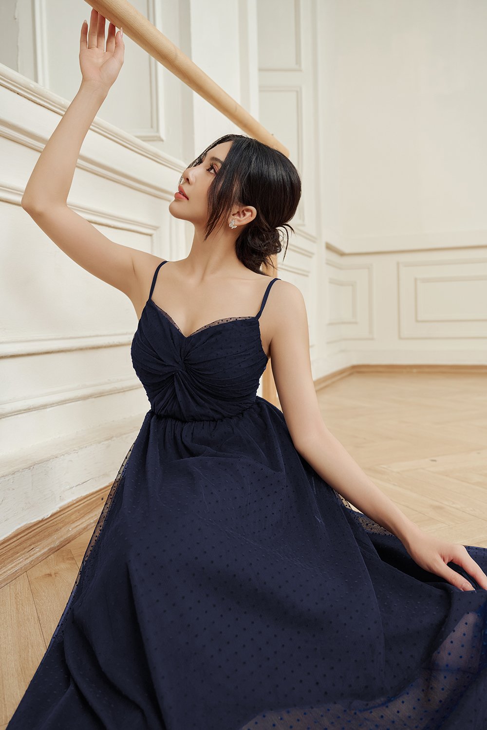 Enchant&eacute; Padded Twist Tulle Midi Dress in Starlit Navy