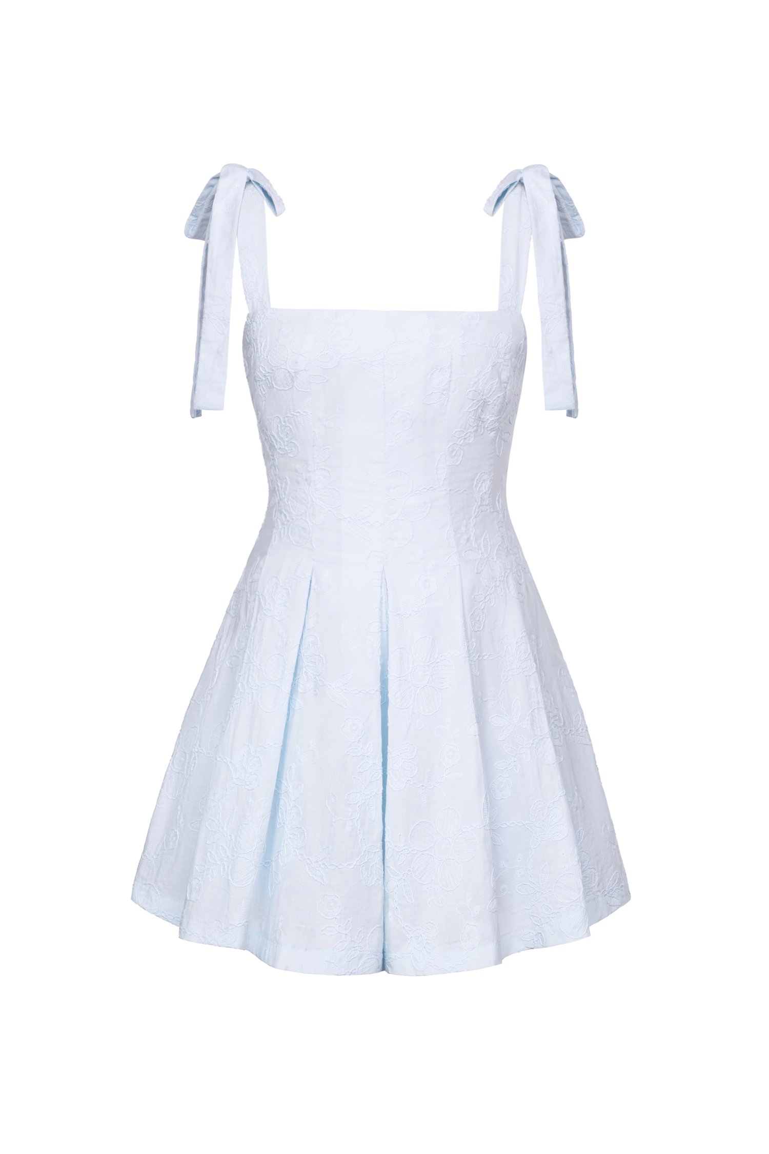 Erica Ribbon Tie Embroidered Romper in Baby Blue