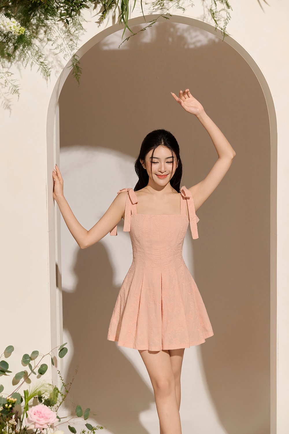 Erica Ribbon Tie Embroidered Romper in Coral Blossom