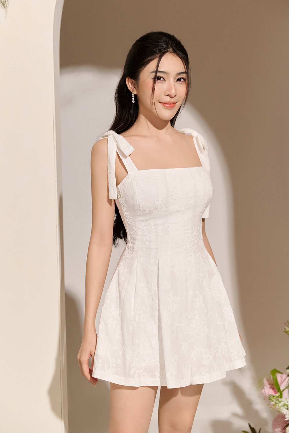 Erica Ribbon Tie Embroidered Romper in Iconic White