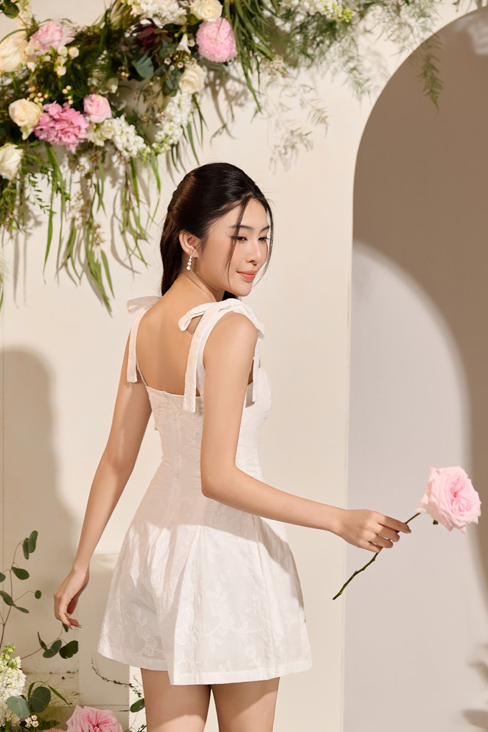 Erica Ribbon Tie Embroidered Romper in Iconic White