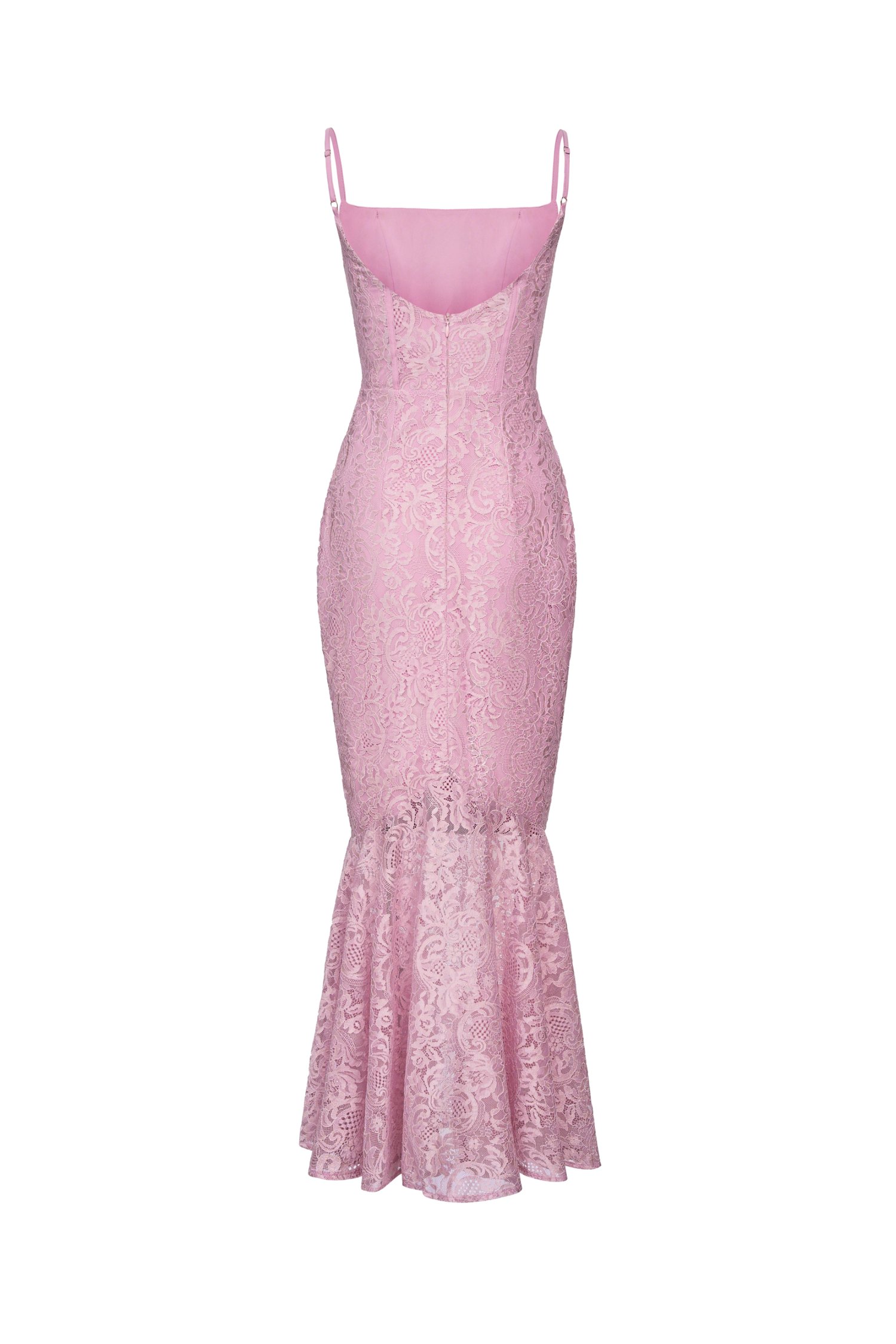 Fleurisse Padded Lace Mermaid Midi Dress in Orchid Pink