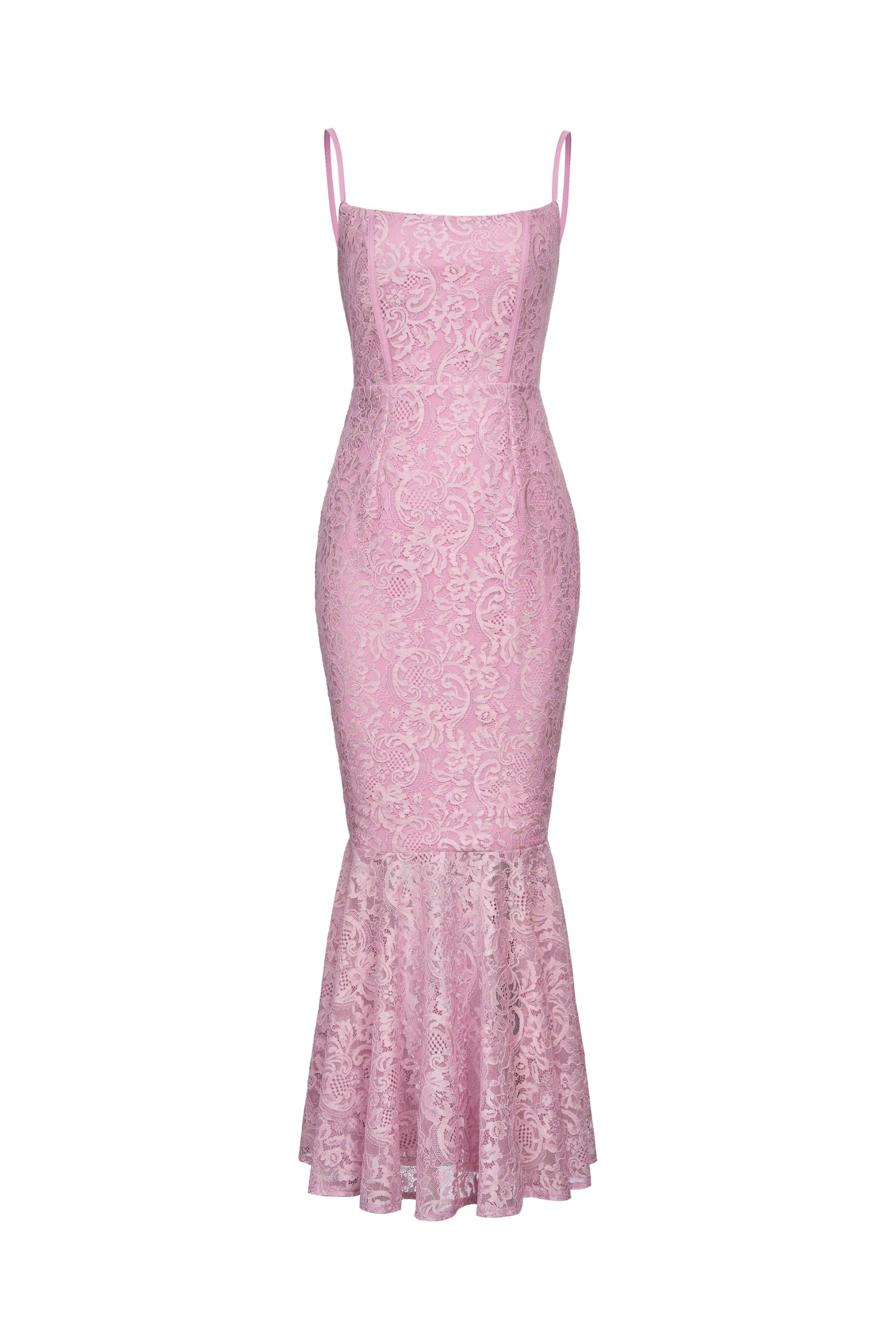 Fleurisse Padded Lace Mermaid Midi Dress in Orchid Pink