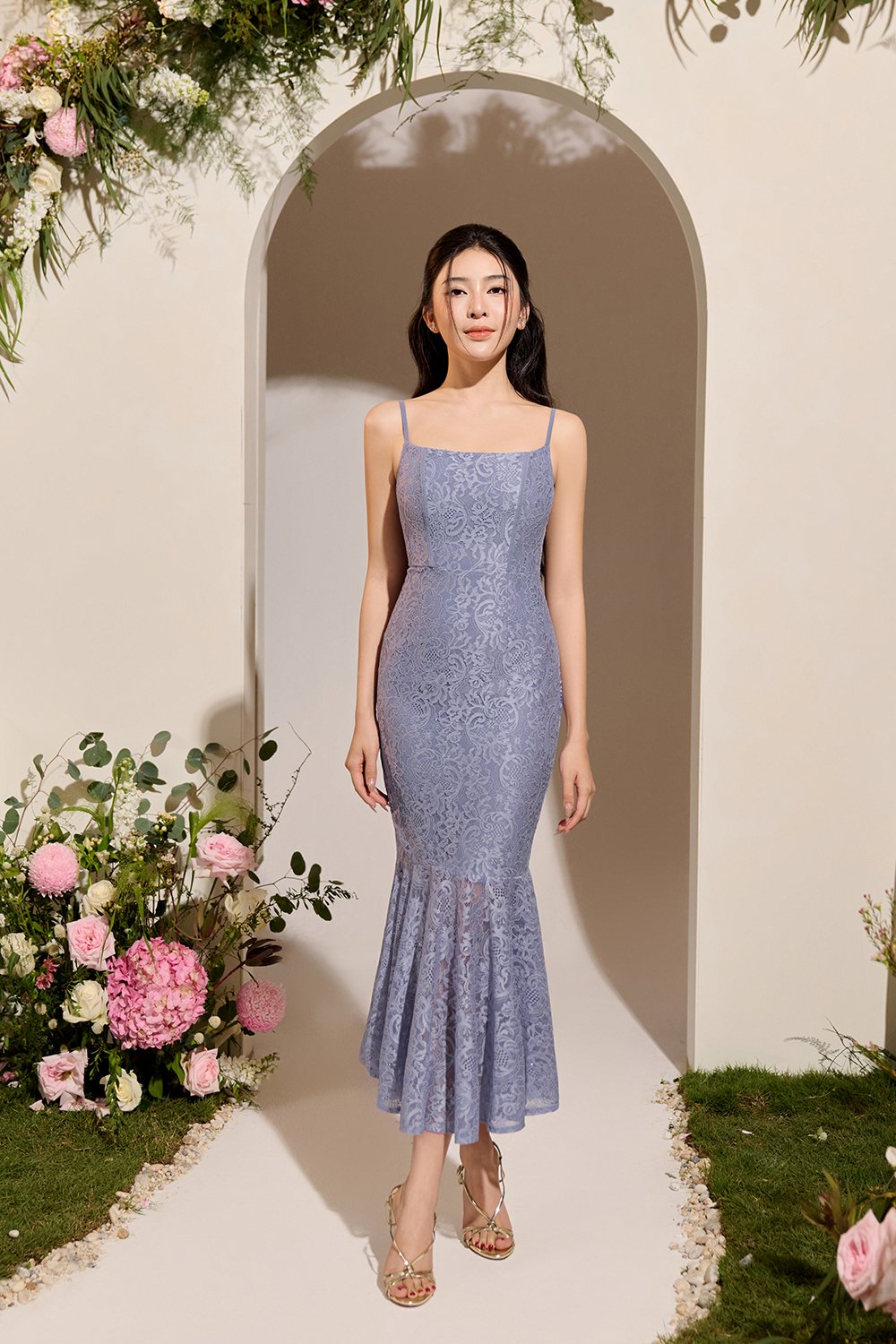 Fleurisse Padded Lace Mermaid Midi Dress in Periwinkle