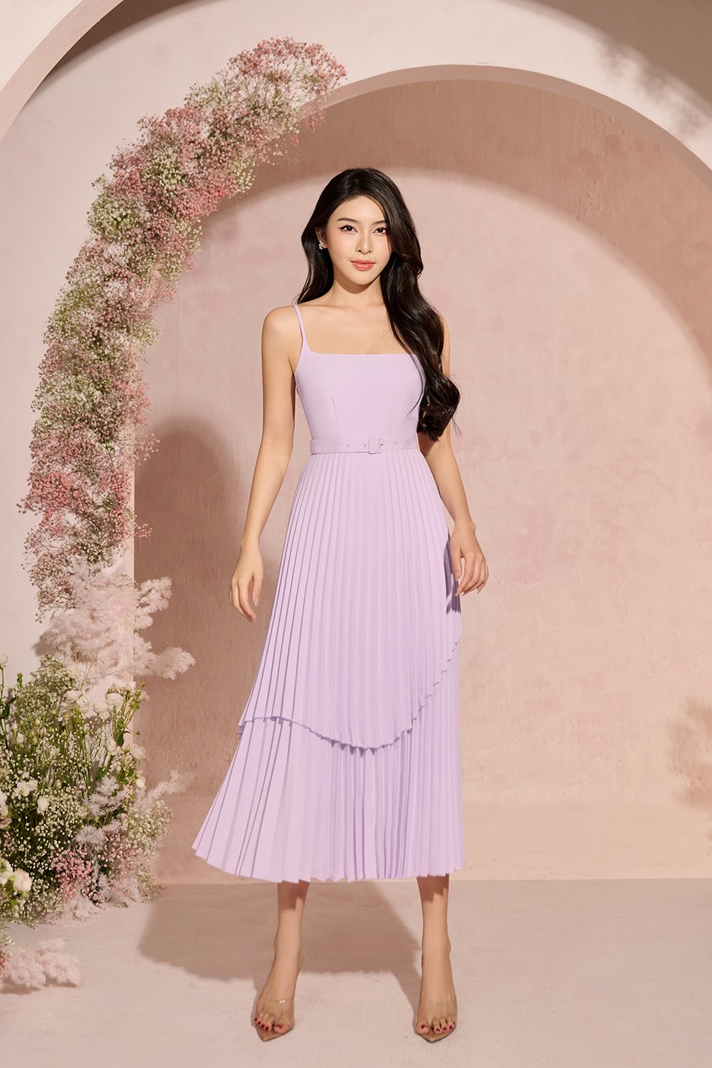 Ivy Layered Pleated Midi Dress in Lilac