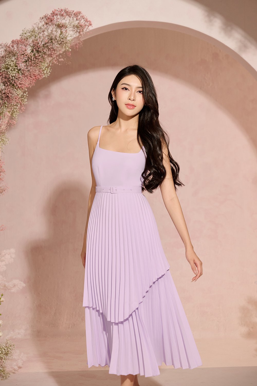 Ivy Layered Pleated Midi Dress in Lilac