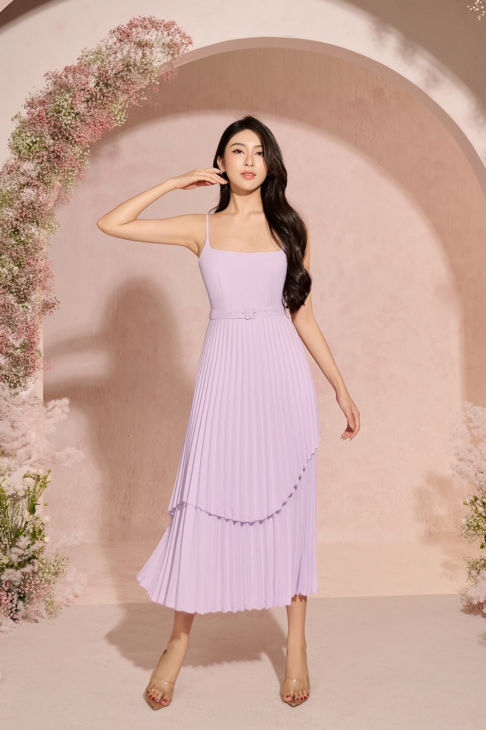 Ivy Layered Pleated Midi Dress in Lilac