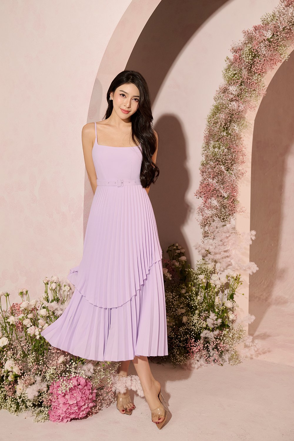 Ivy Layered Pleated Midi Dress in Lilac