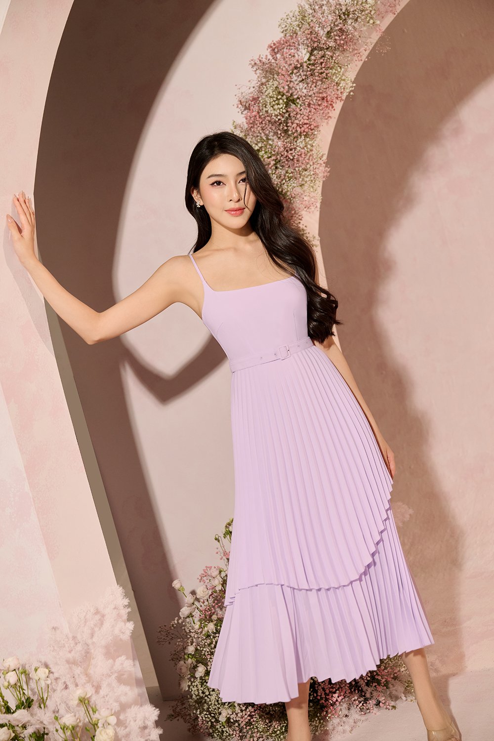 Ivy Layered Pleated Midi Dress in Lilac