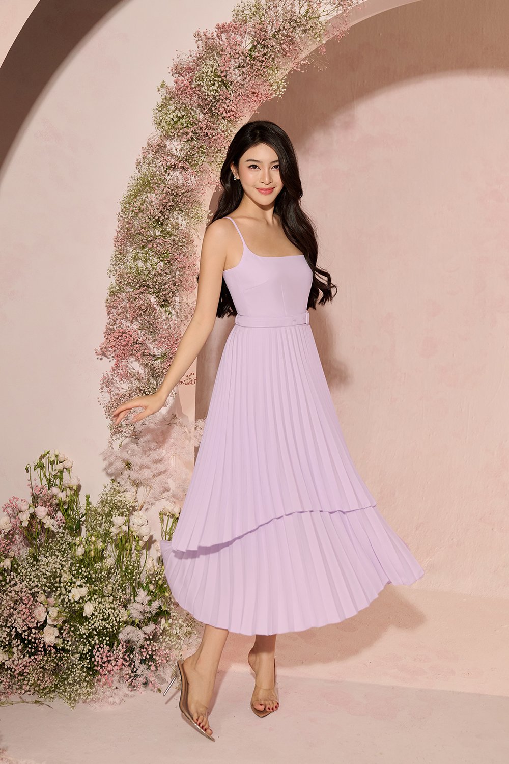 Ivy Layered Pleated Midi Dress in Lilac