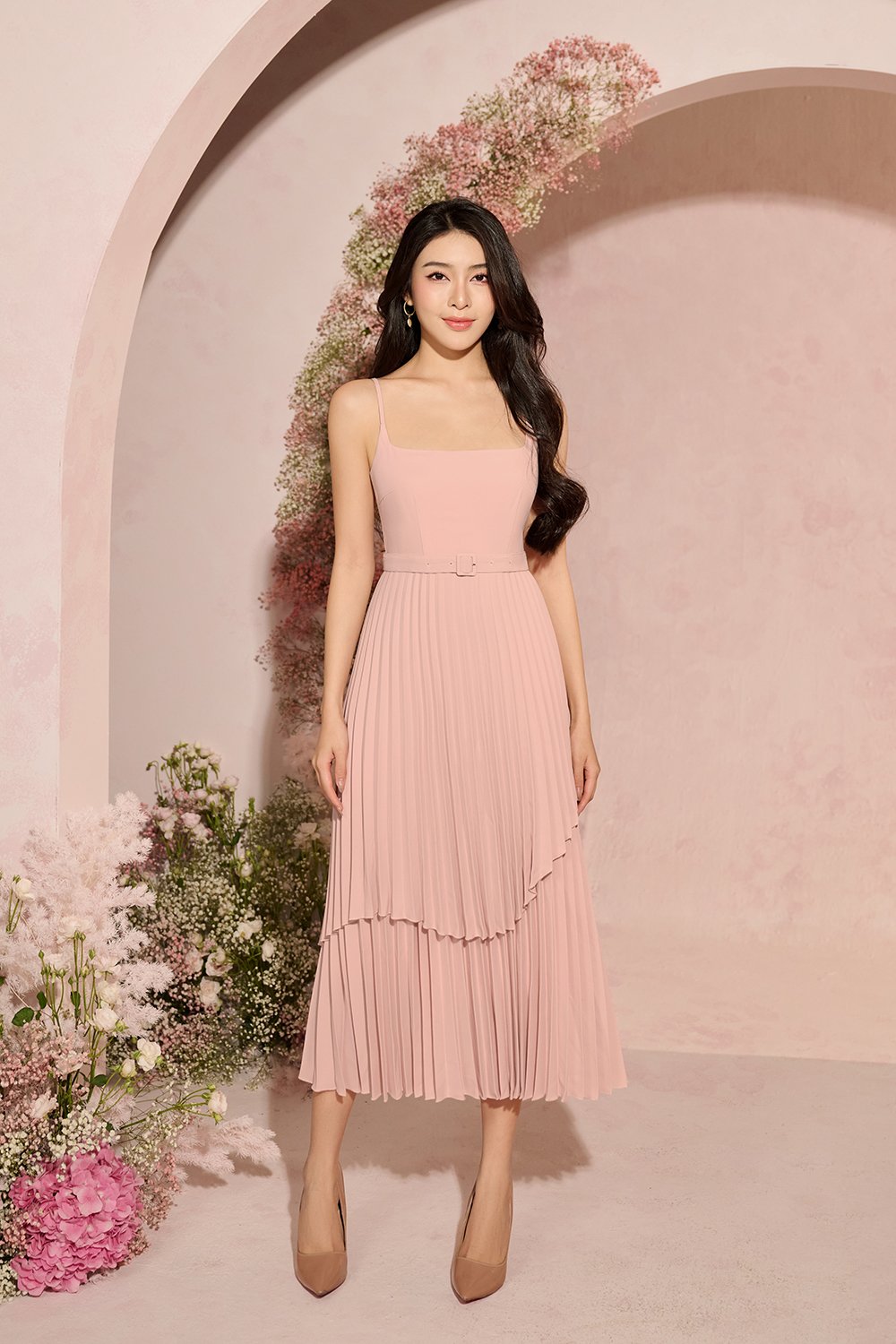 Ivy Layered Pleated Midi Dress in Nude Rose