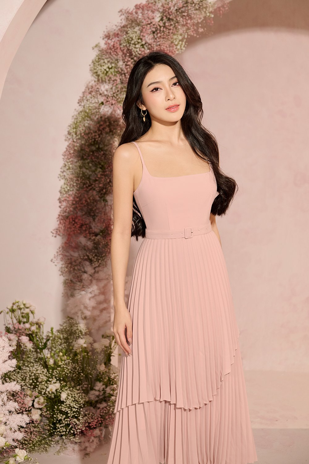 Ivy Layered Pleated Midi Dress in Nude Rose