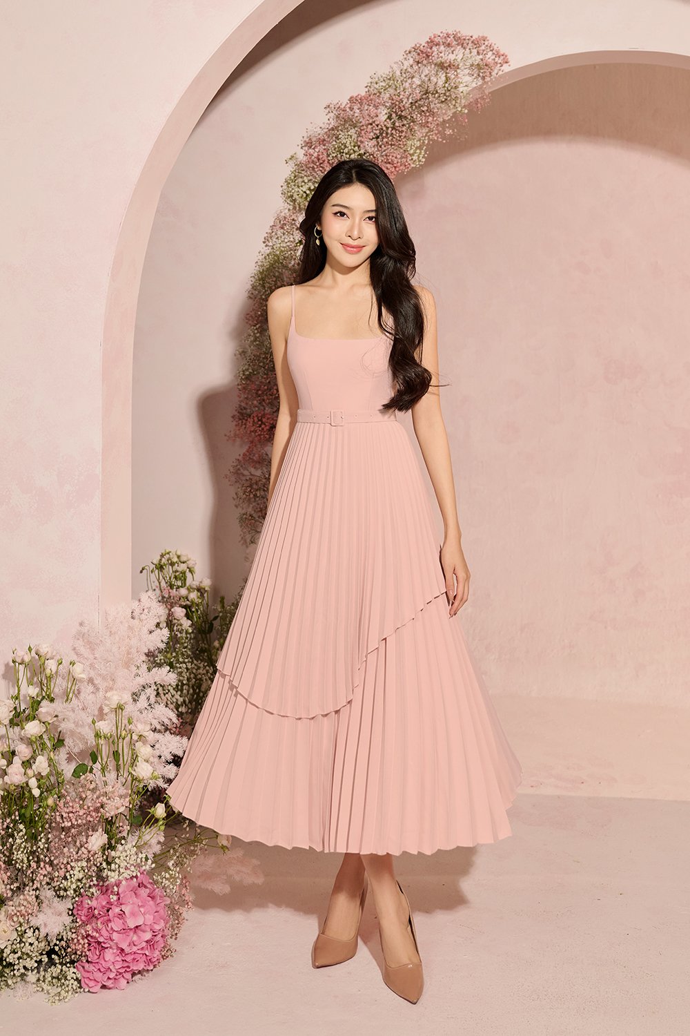 Ivy Layered Pleated Midi Dress in Nude Rose