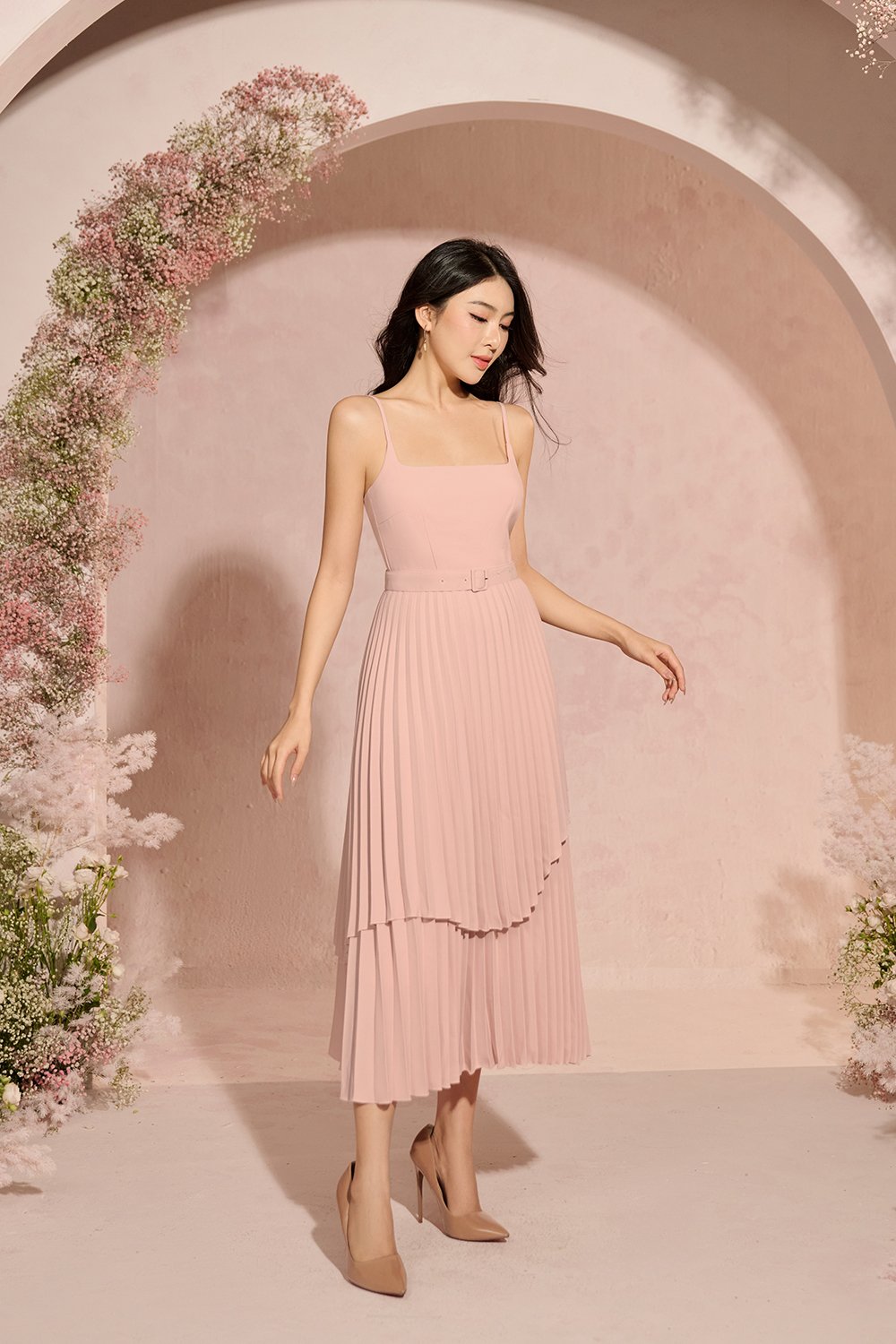 Ivy Layered Pleated Midi Dress in Nude Rose