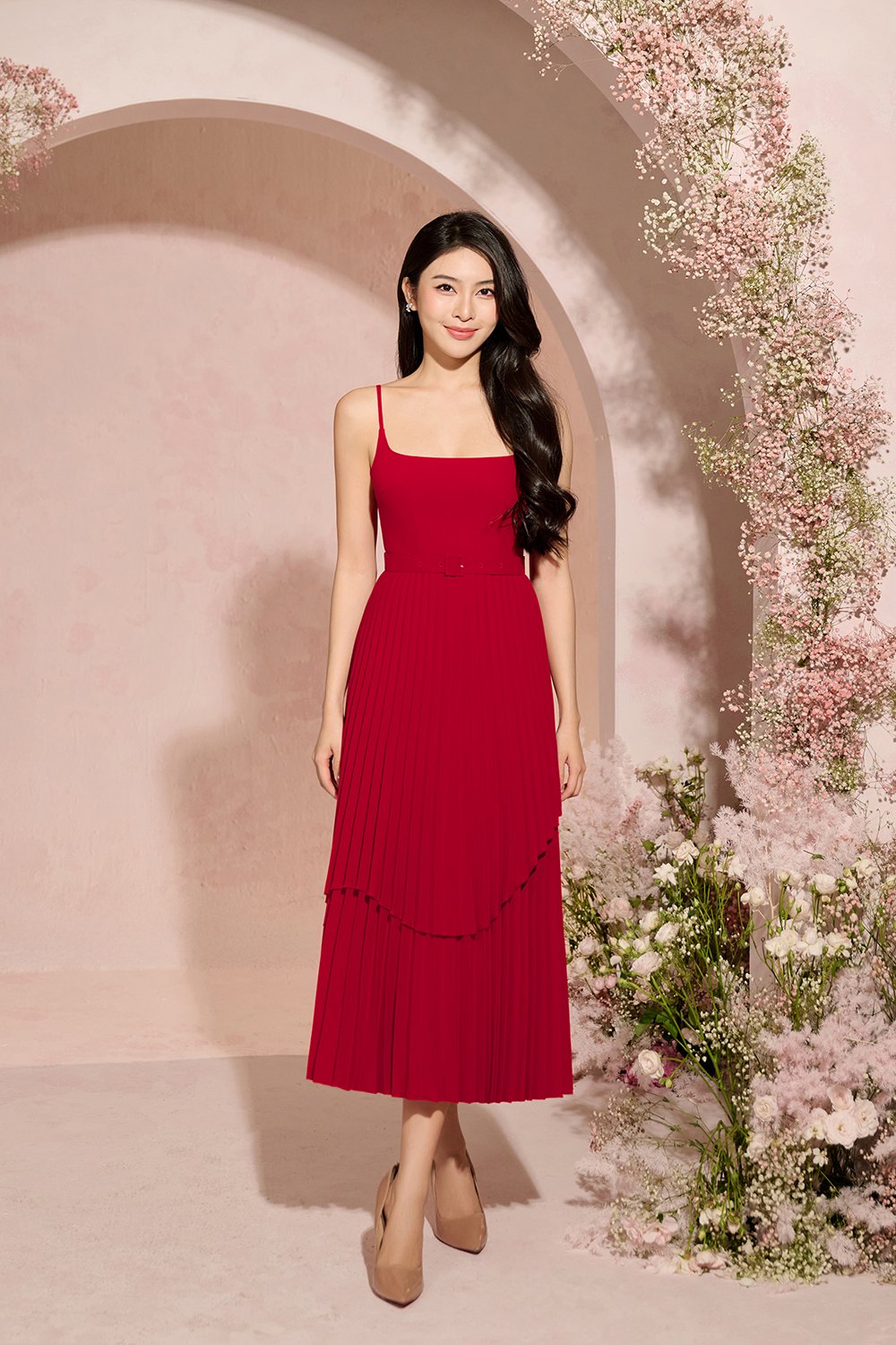 Ivy Layered Pleated Midi Dress in Scarlet Red