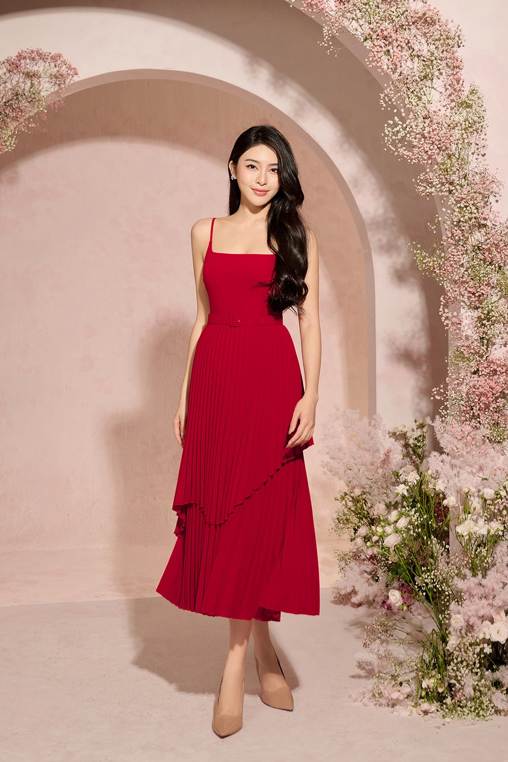Ivy Layered Pleated Midi Dress in Scarlet Red