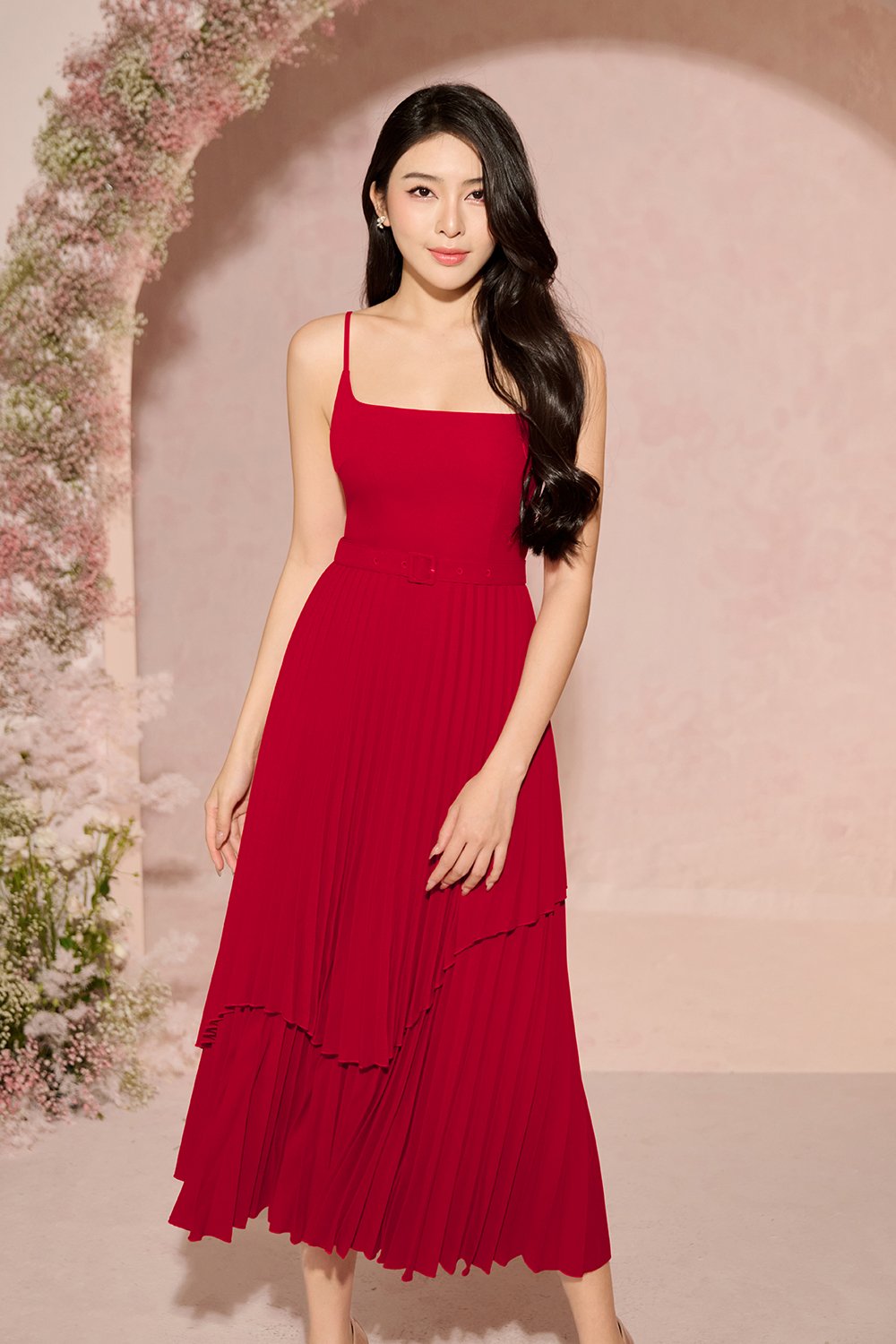 Ivy Layered Pleated Midi Dress in Scarlet Red