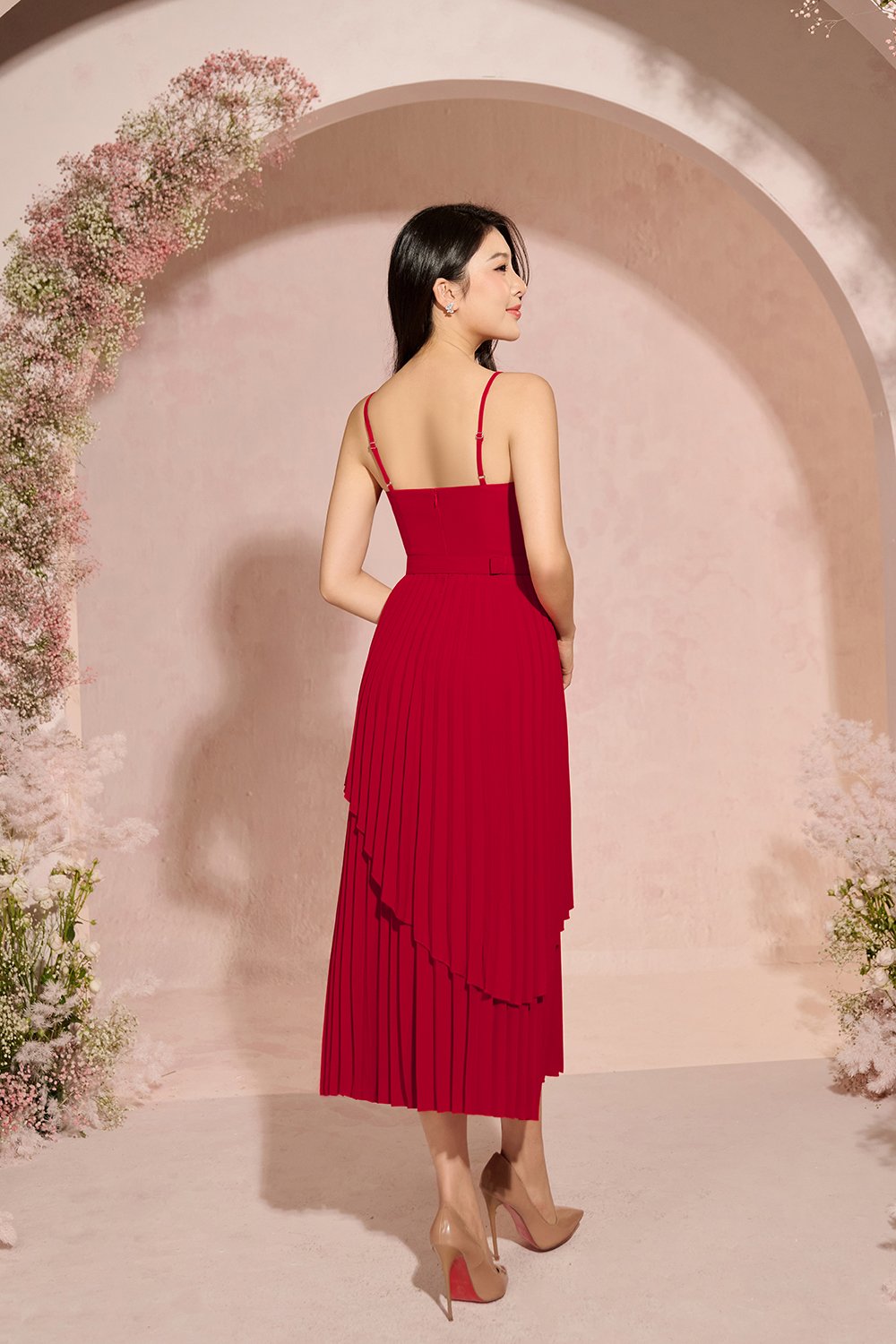 Ivy Layered Pleated Midi Dress in Scarlet Red