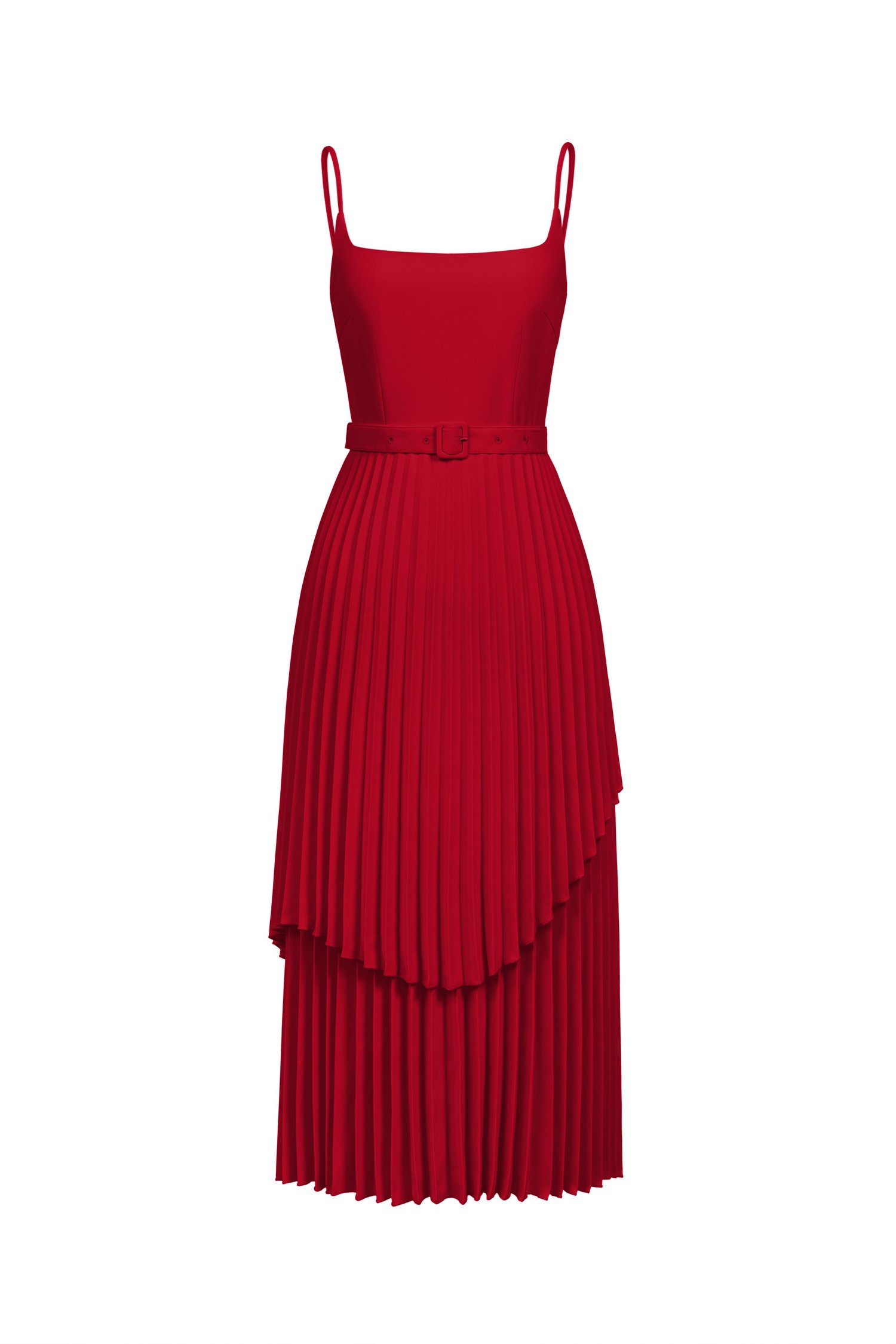 Ivy Layered Pleated Midi Dress in Scarlet Red