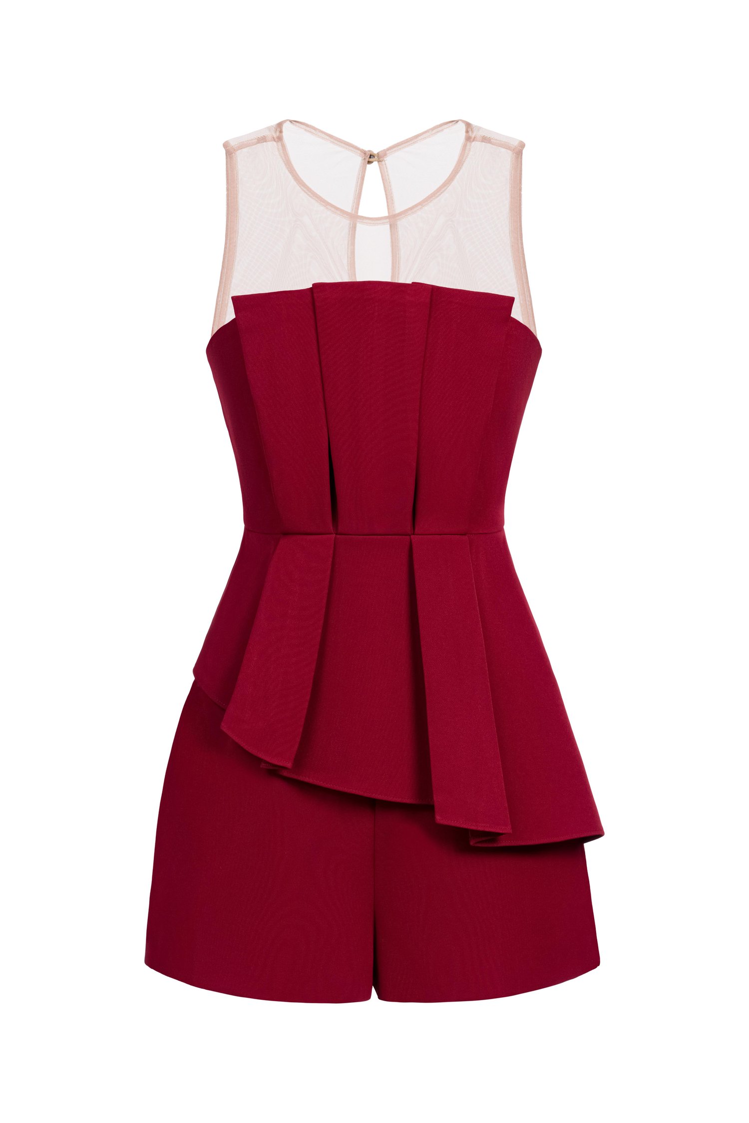 Kalei Asymmetrical Pleated Peplum Romper in Crimson Red