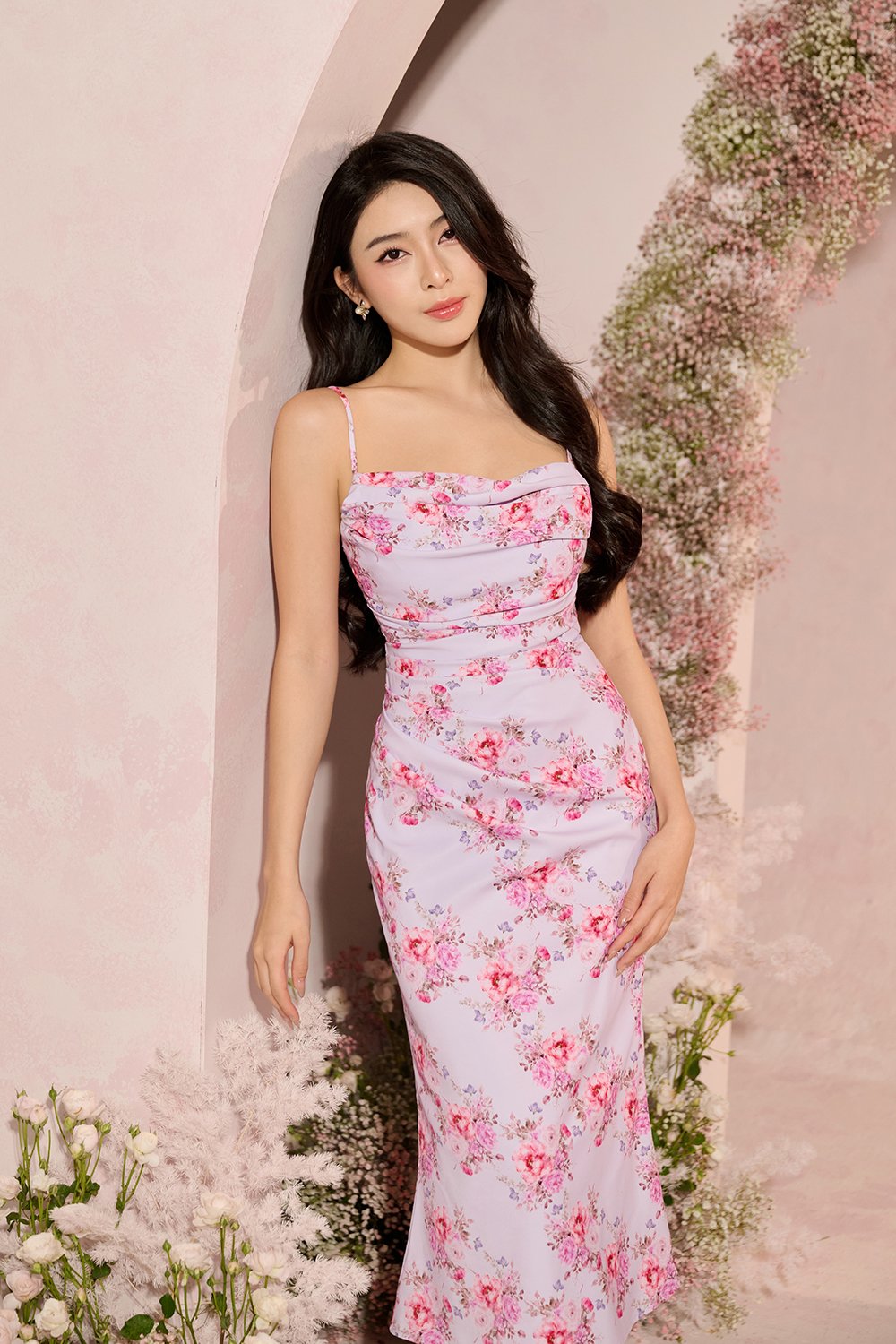 Keren Pleated Twist Back Padded Dress in Lilac Rosette Garden