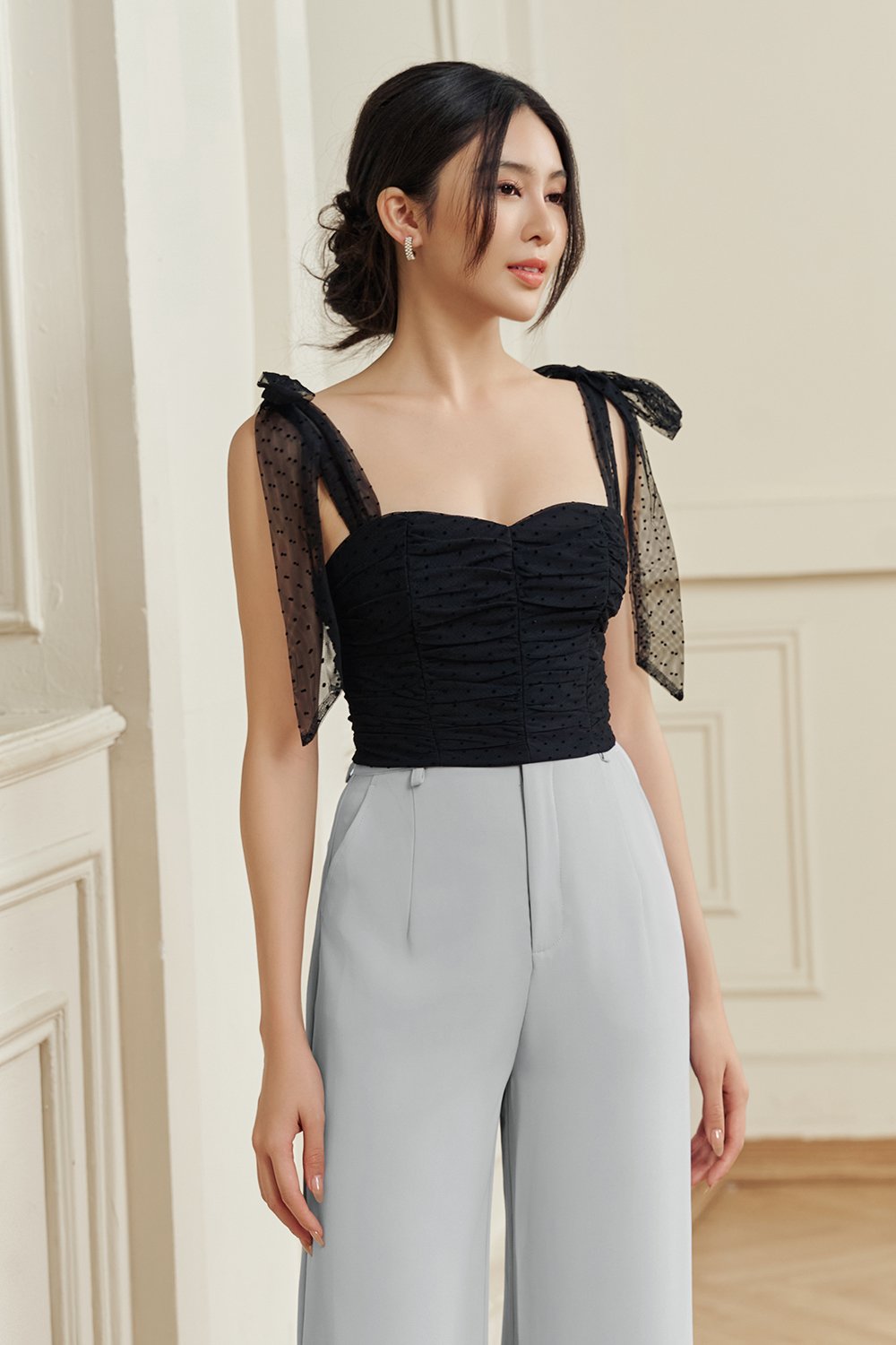 Lacey Tulle Ribbon Crop Top in Classic Black