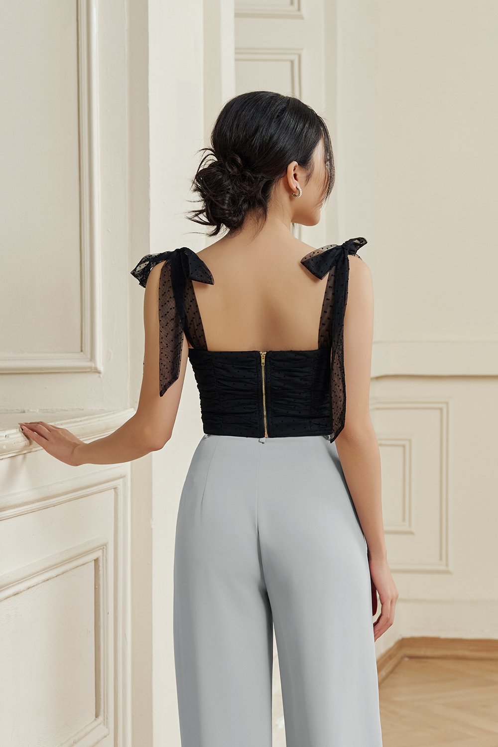 Lacey Tulle Ribbon Crop Top in Classic Black