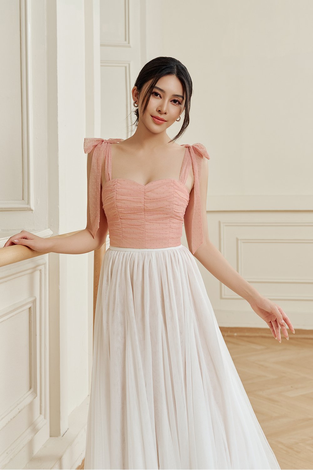 Lacey Tulle Ribbon Crop Top in Pink Nectar