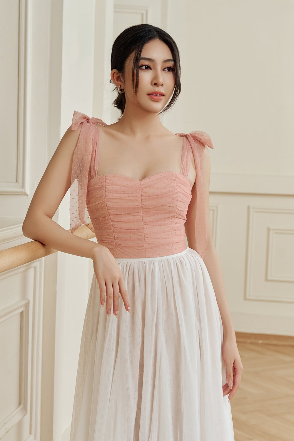 Lacey Tulle Ribbon Crop Top in Pink Nectar
