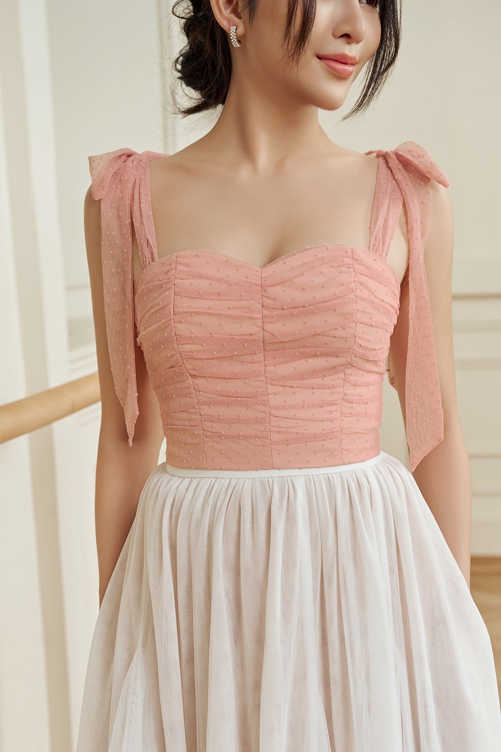 Lacey Tulle Ribbon Crop Top in Pink Nectar