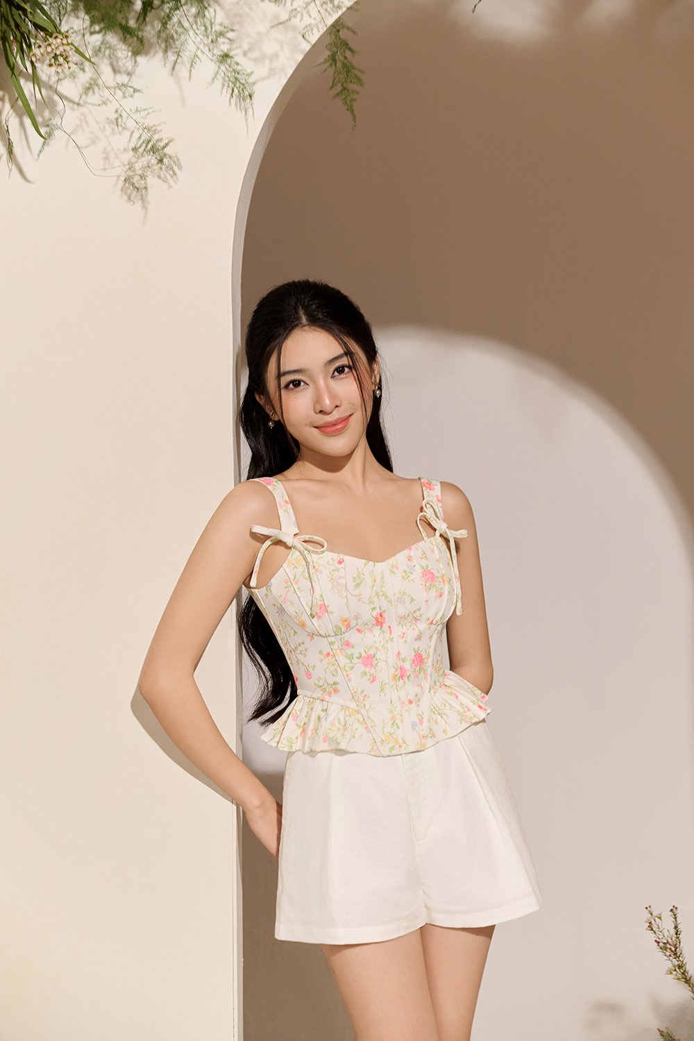 Linnea Corset Peplum Top in Cream Blooming Trails