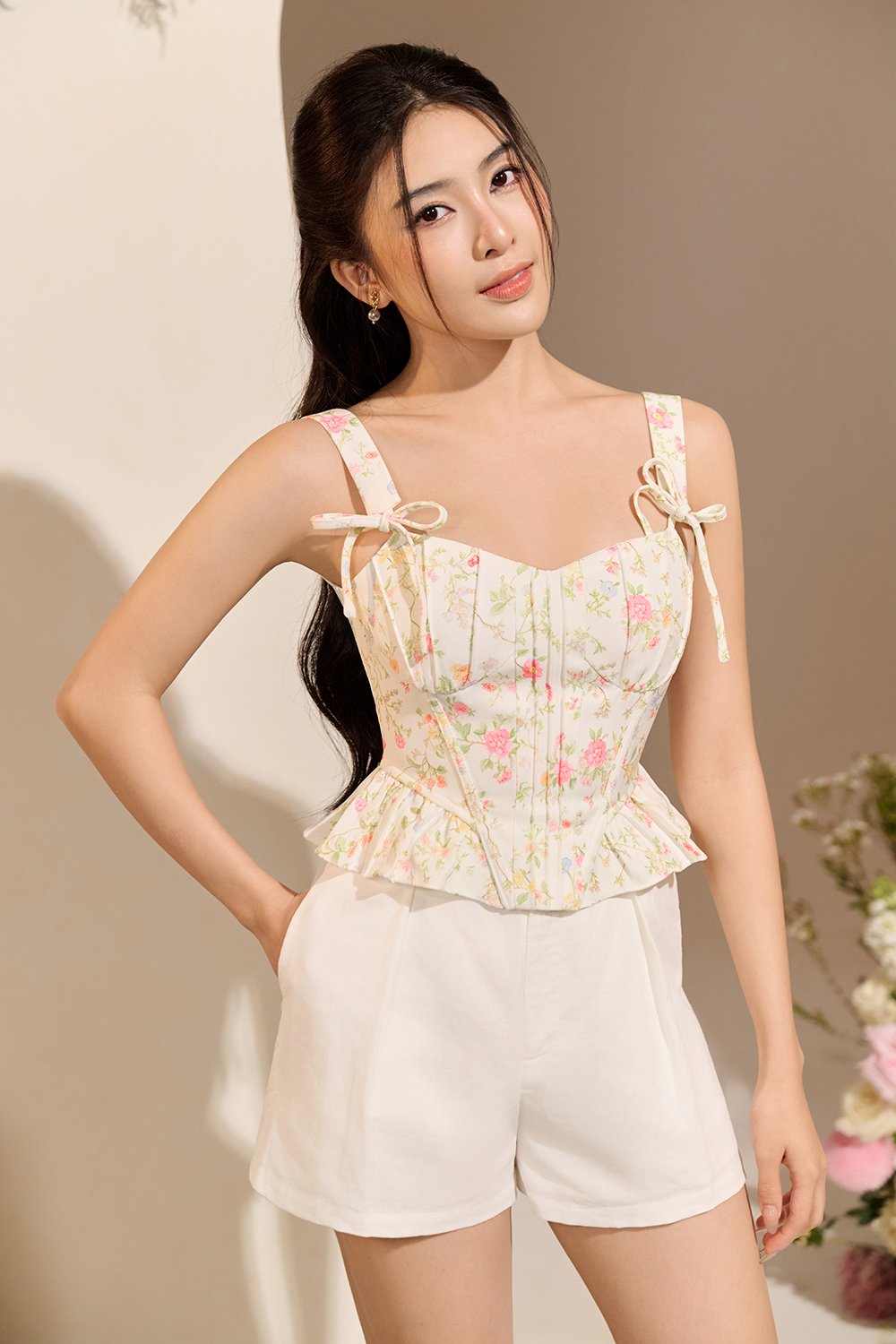 Linnea Corset Peplum Top in Cream Blooming Trails