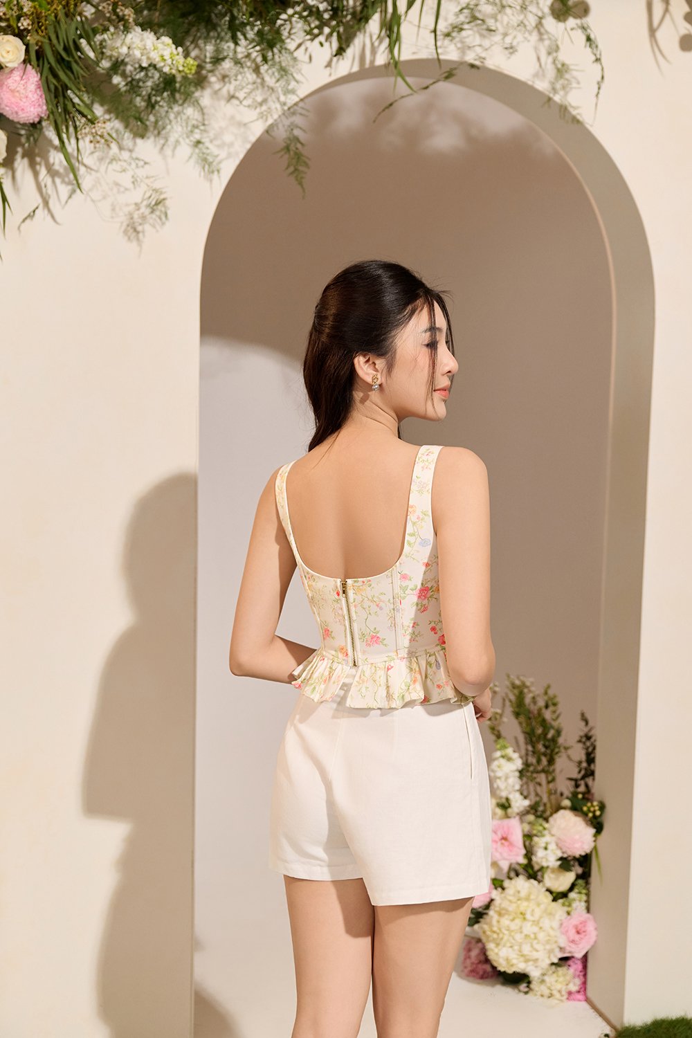 Linnea Corset Peplum Top in Cream Blooming Trails