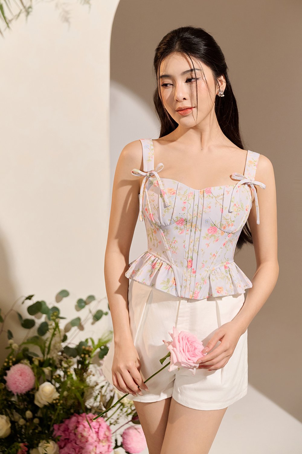 Linnea Corset Peplum Top in Mist Blooming Trails