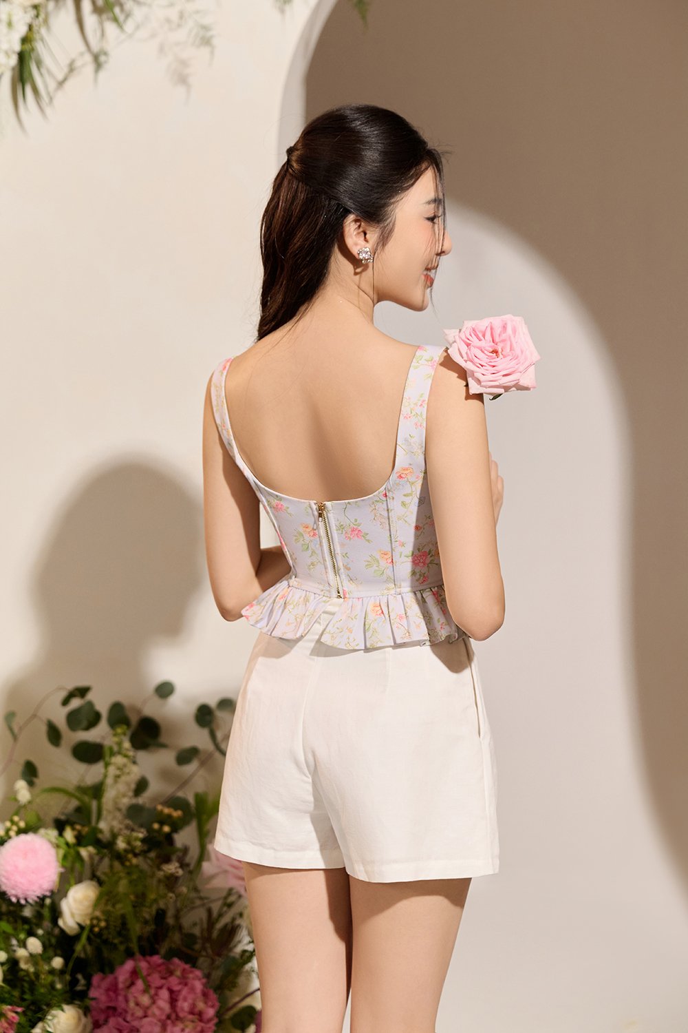 Linnea Corset Peplum Top in Mist Blooming Trails