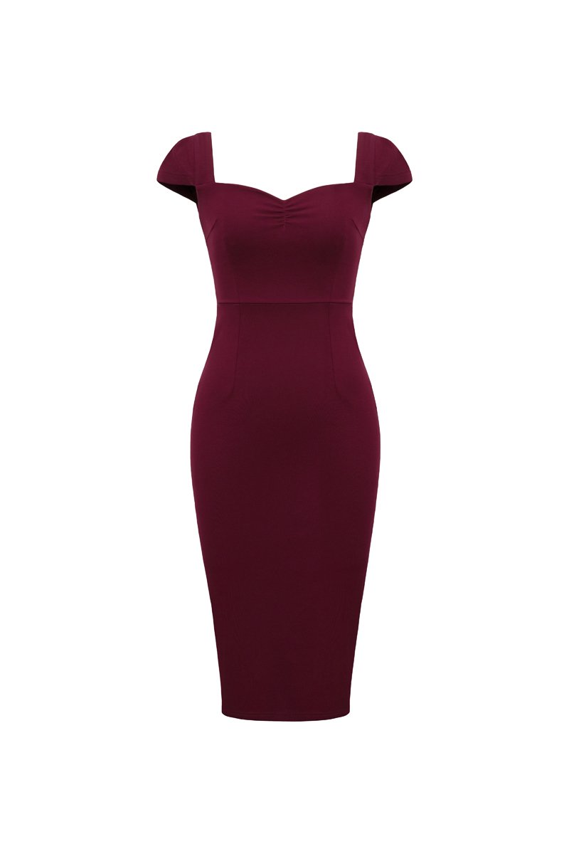 Mariette Cap Sleeves Pencil Dress in Crimson Berry