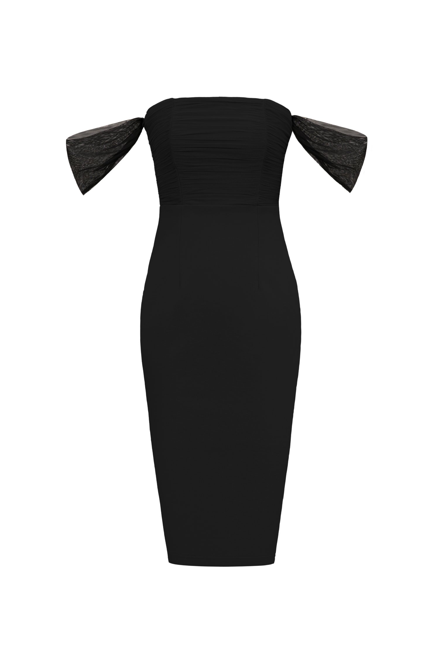 Noelle Padded Off Shoulder Mesh Pencil Dress in Classic Black