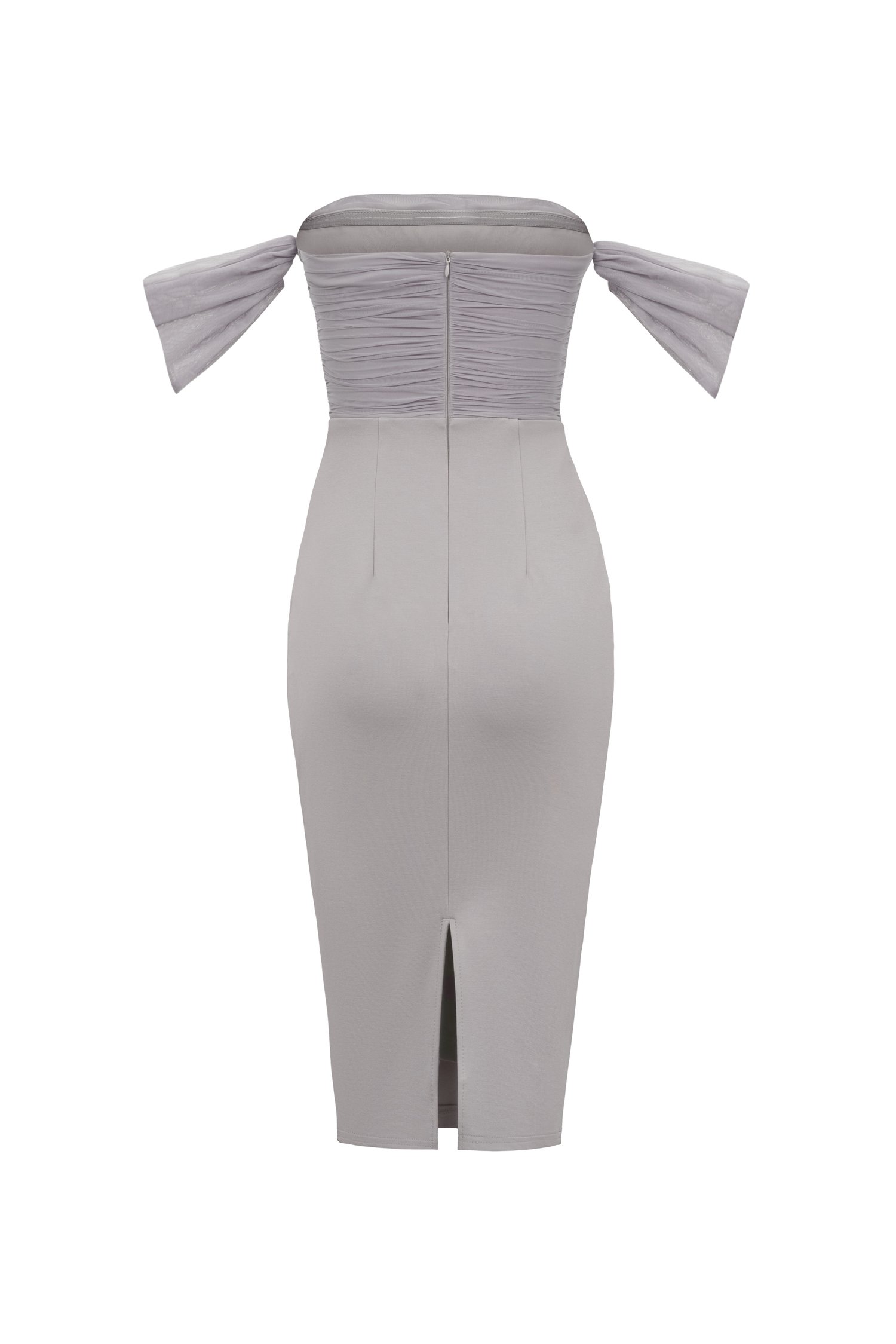 Noelle Padded Off Shoulder Mesh Pencil Dress in Twilight Grey