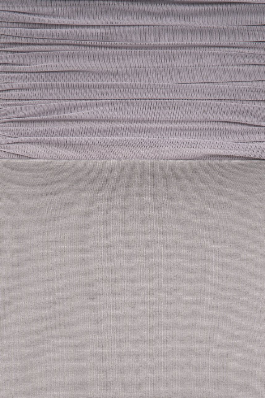 Noelle Padded Off Shoulder Mesh Pencil Dress in Twilight Grey