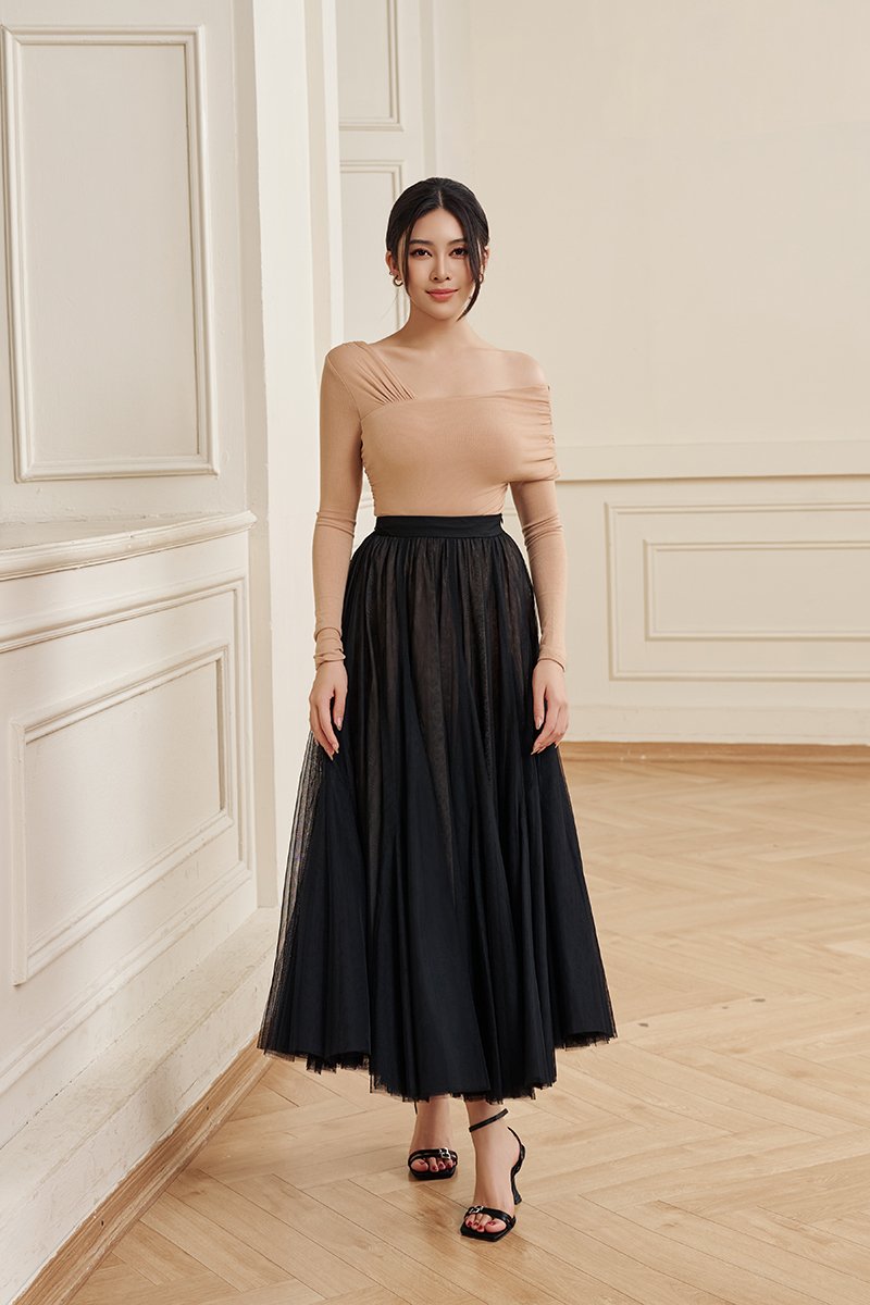 Perline Asymmetrical Crop Top in Beige