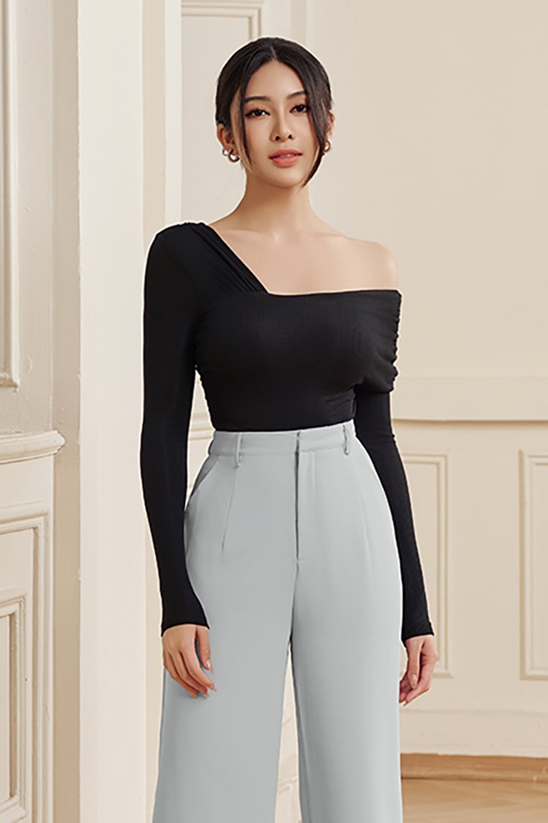 Perline Asymmetrical Crop Top in Classic Black