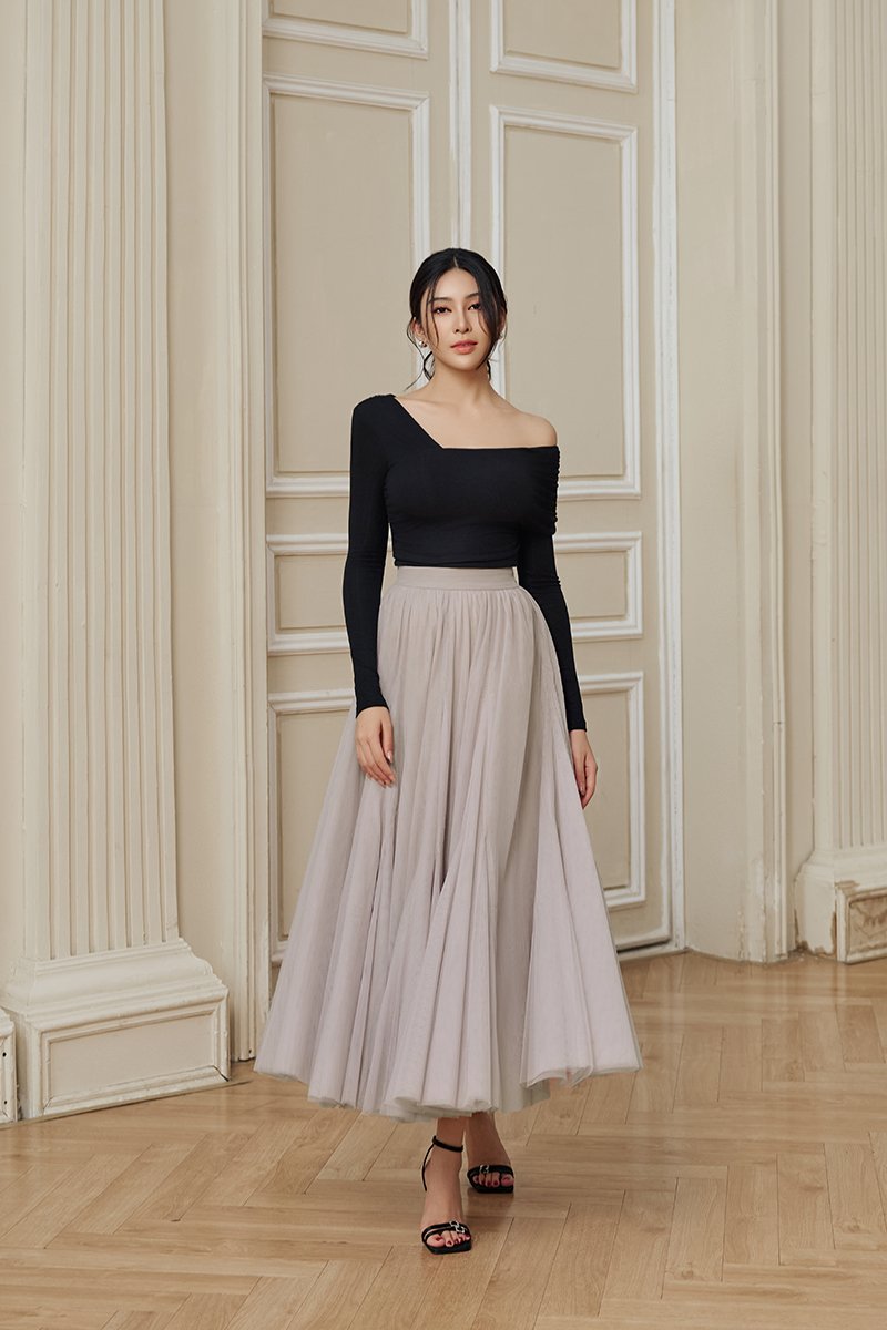 Perline Asymmetrical Crop Top in Classic Black