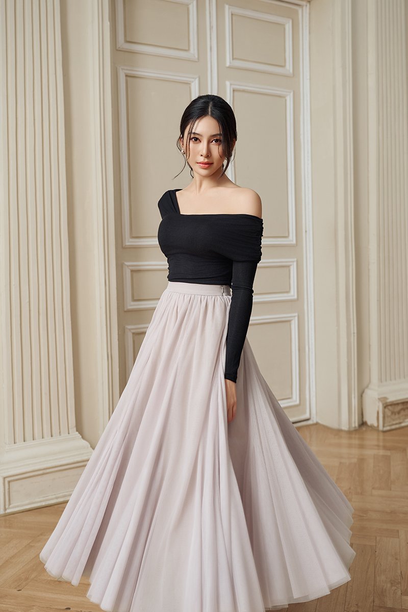 Perline Asymmetrical Crop Top in Classic Black