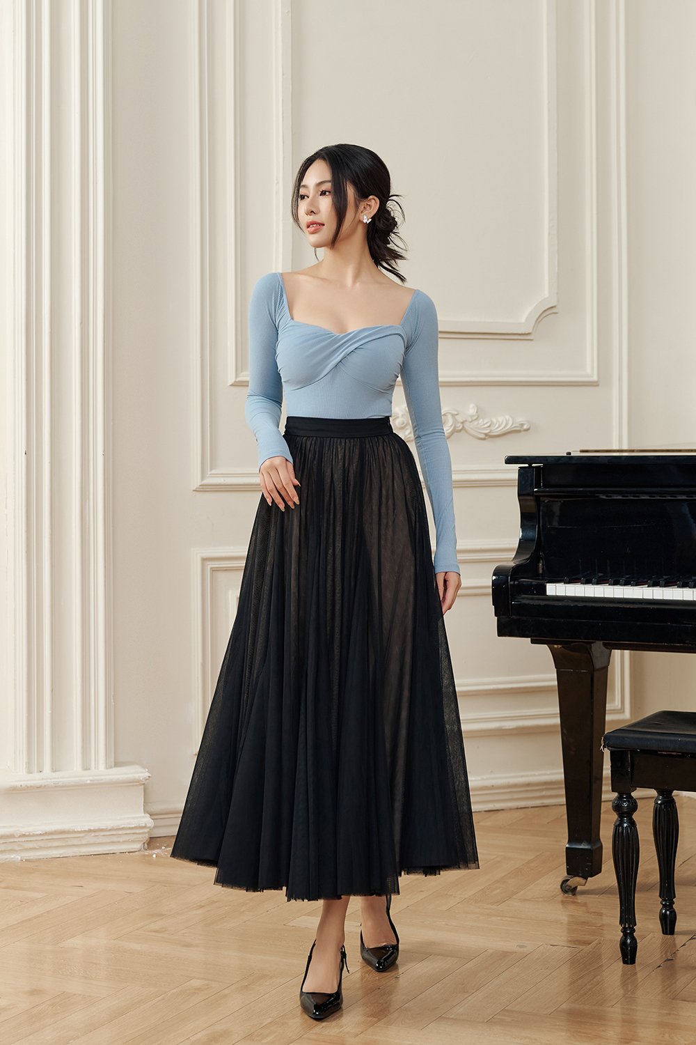 Pirouette Midi Tulle Skirt in Classic Black