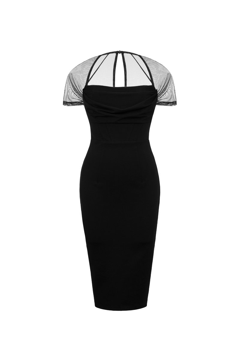 Serenade Padded Drape Mesh Pencil Dress in Classic Black